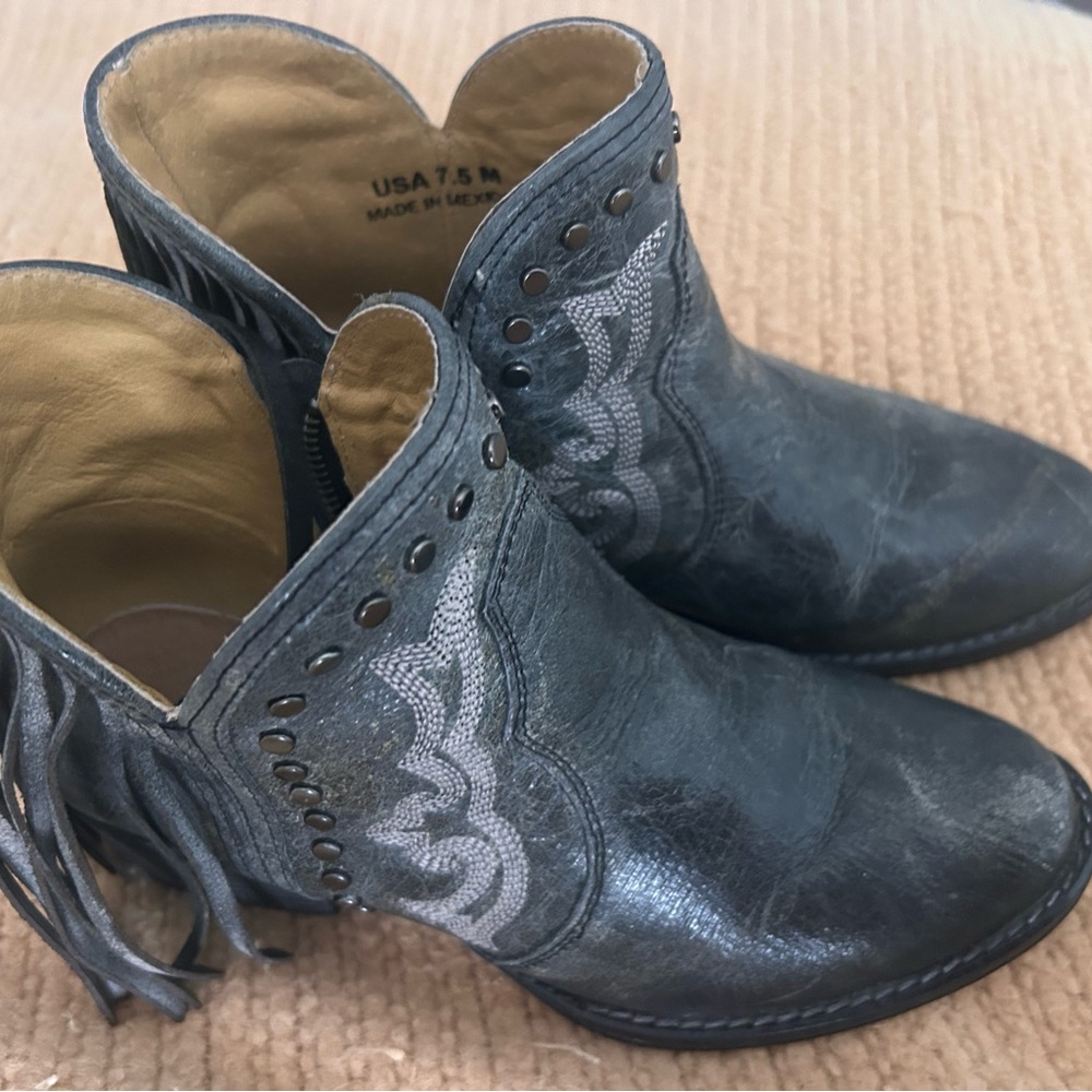 Gray Leather Fringe Ankle Boots